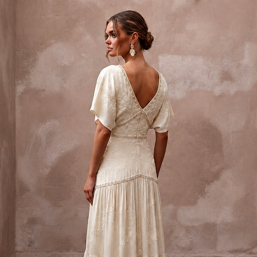 Flowing Cream Cupro Boho Dress for Intimate Rehearsal Dinner - Apparel & Accessories > Clothing > Wedding & Bridal Party Dresses > Wedding Dresses - Mignonette Bridal