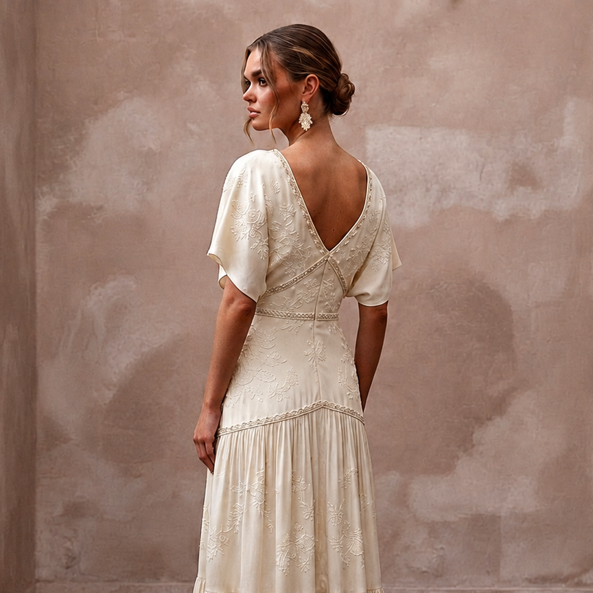 Flowing Cream Cupro Boho Dress for Intimate Rehearsal Dinner