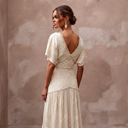 Flowing Cream Cupro Boho Dress for Intimate Rehearsal Dinner