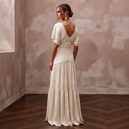 Flowing Cream Cupro Boho Dress for Intimate Rehearsal Dinner - Apparel & Accessories > Clothing > Wedding & Bridal Party Dresses > Wedding Dresses - Mignonette Bridal