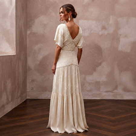 Flowing Cream Cupro Boho Dress for Intimate Rehearsal Dinner