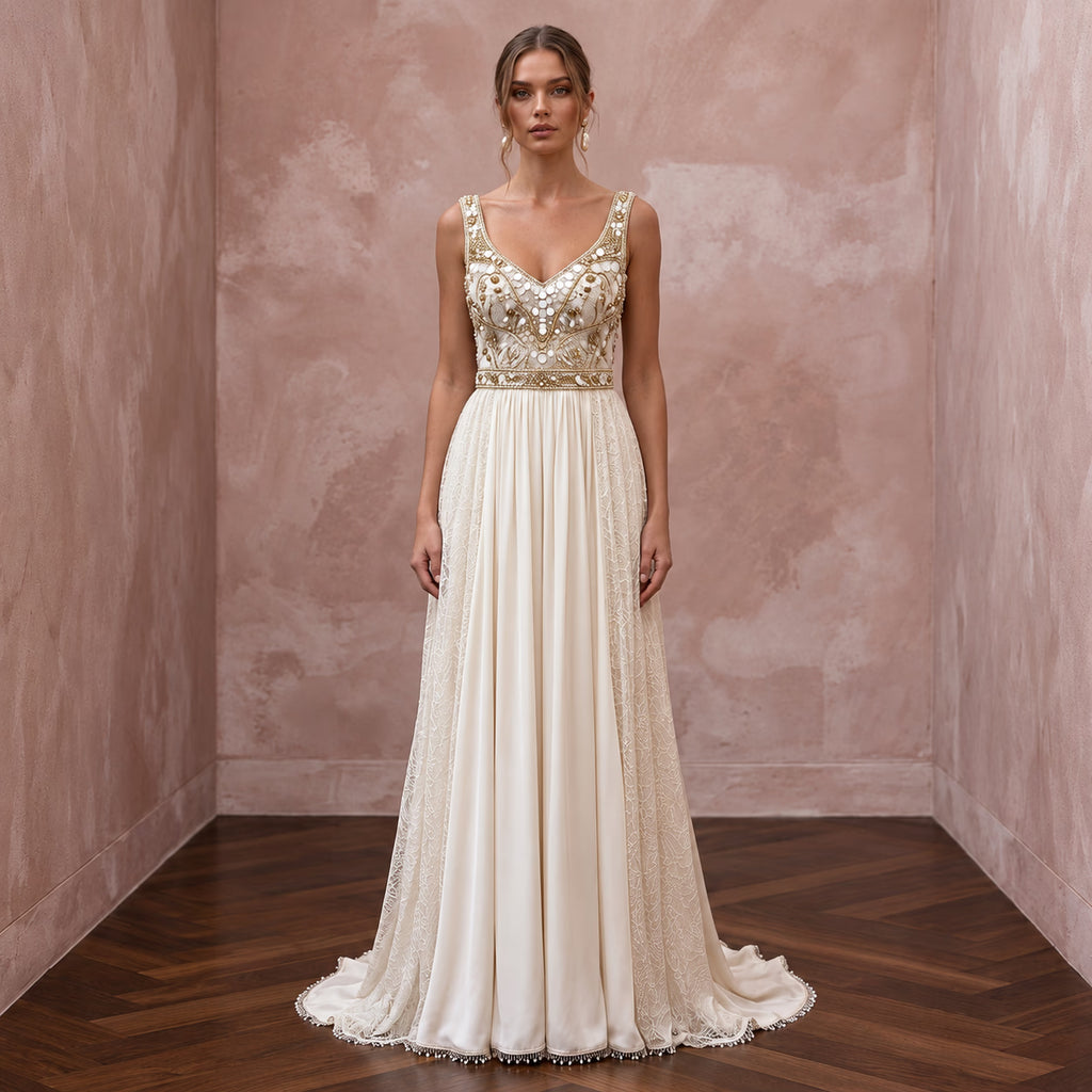 Flowing Cream Cupro Boho Wedding Gown for Intimate Rehearsal Dinner