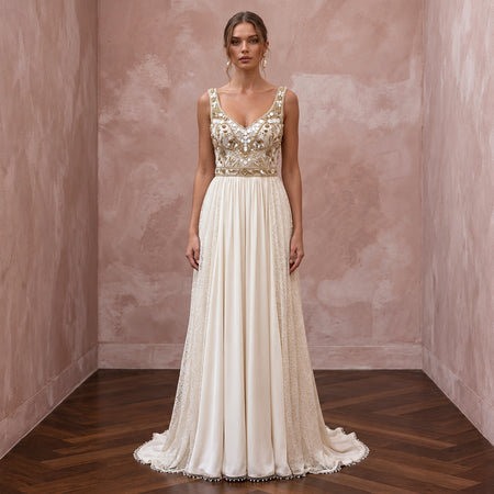 Flowing Cream Cupro Boho Wedding Gown for Intimate Rehearsal Dinner