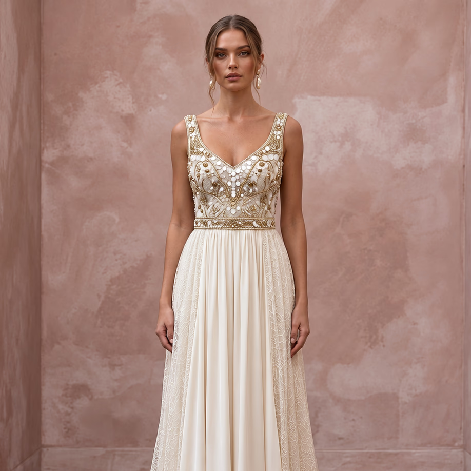 Flowing Cream Cupro Boho Wedding Gown for Intimate Rehearsal Dinner