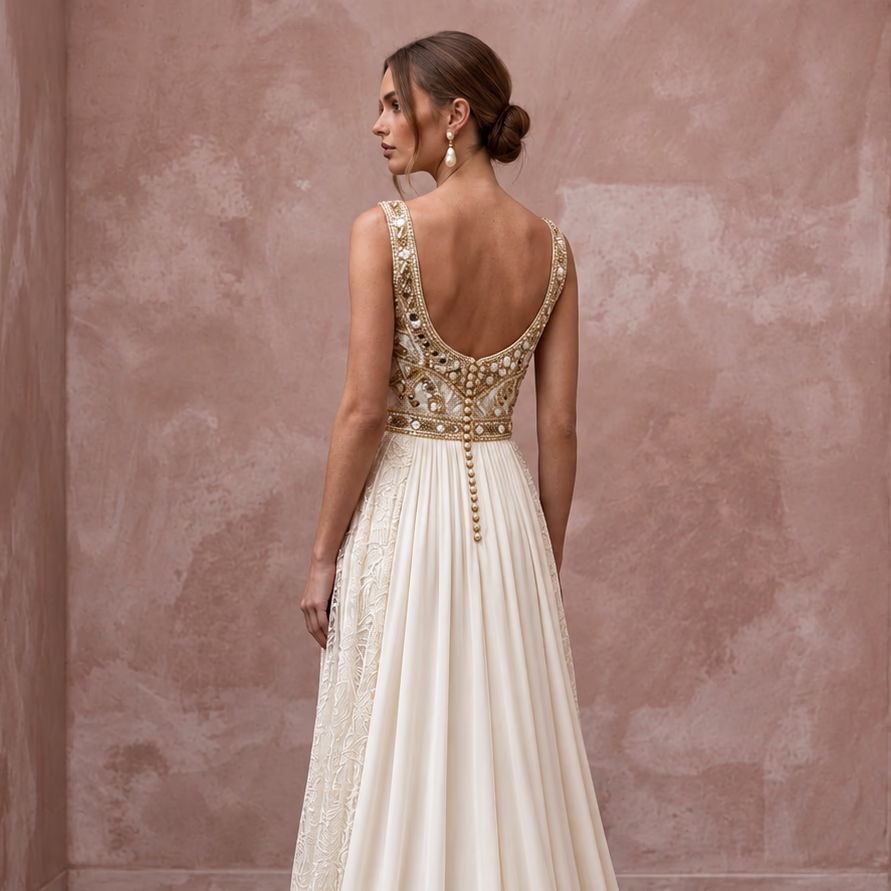Flowing Cream Cupro Boho Wedding Gown for Intimate Rehearsal Dinner