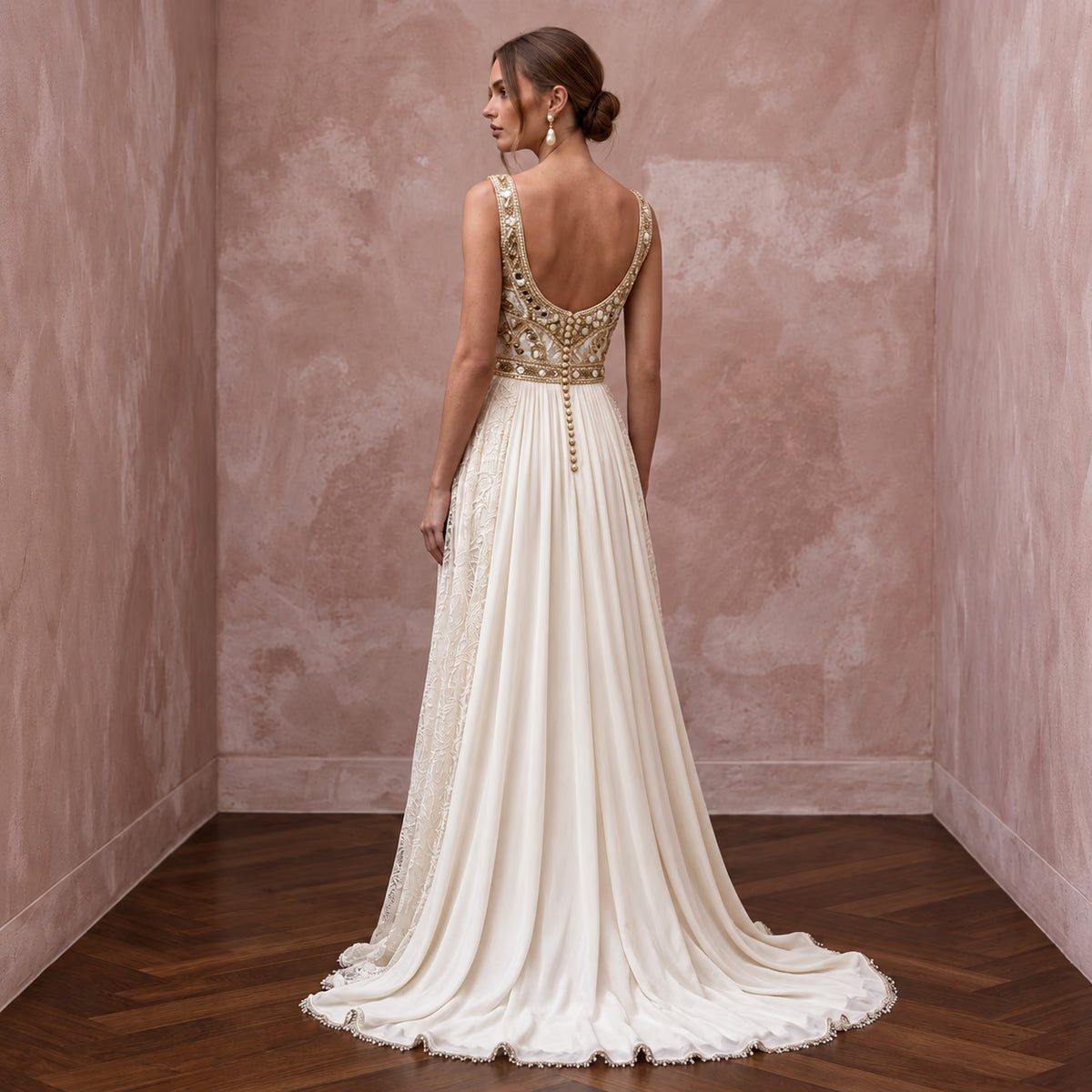 Flowing Cream Cupro Boho Wedding Gown for Intimate Rehearsal Dinner