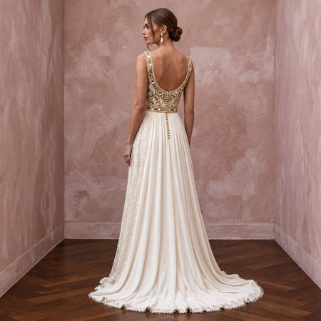 Flowing Cream Cupro Boho Wedding Gown for Intimate Rehearsal Dinner