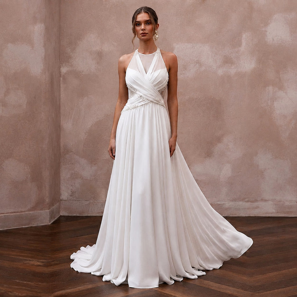 a line wedding reception dress Flowing Pearl White Georgette A-Line for Destination 26 Name/Description:Christina Custom - Fitted Lace Gown w Sleeves bride kaftan Mac Duggal Women's Lace Trustworthy Craftsmanship
