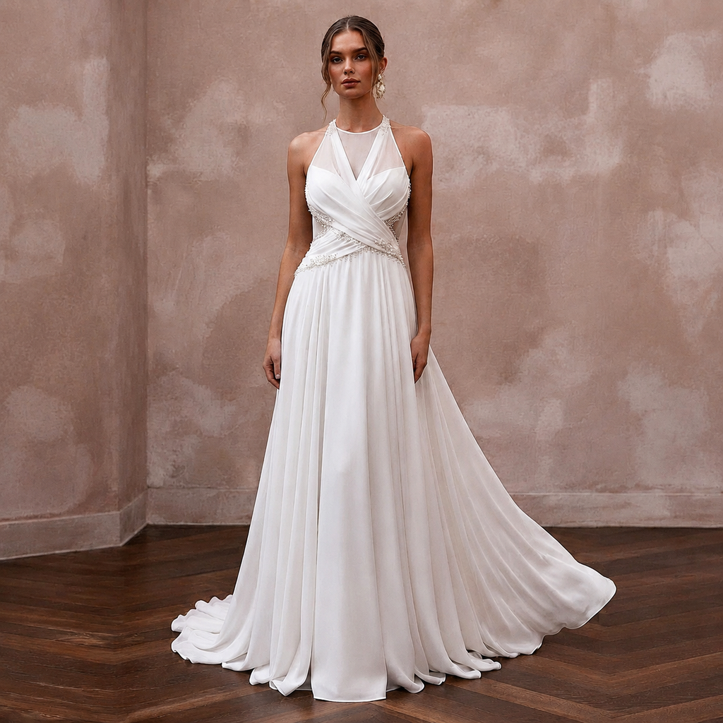 Flowing Pearl White Georgette A-Line Wedding Dress for Destination Reception