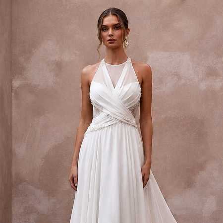 Flowing Pearl White Georgette A - Line Wedding Dress for Destination Reception - Apparel & Accessories > Clothing > Wedding & Bridal Party Dresses > Wedding Dresses - Mignonette Bridal