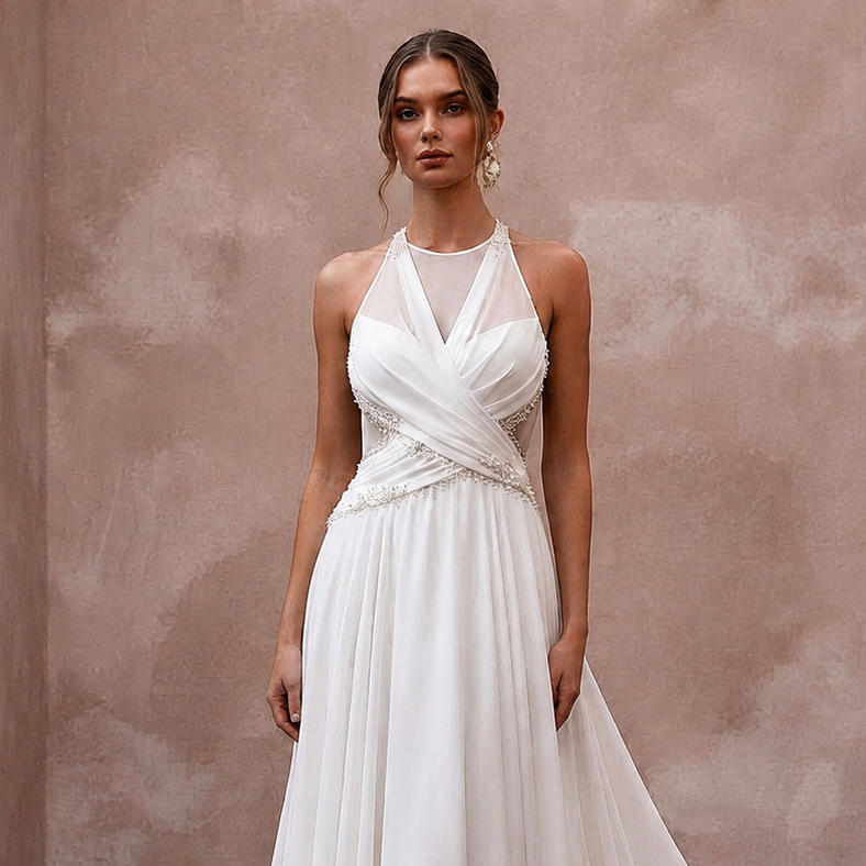 Flowing Pearl White Georgette A-Line Wedding Dress for Destination Reception