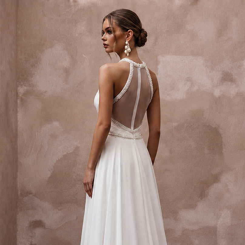 Flowing Pearl White Georgette A-Line Wedding Dress for Destination Reception