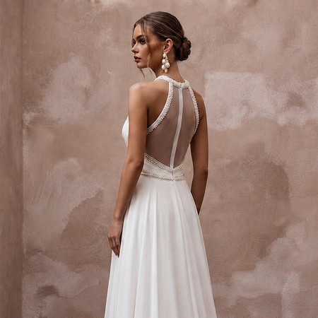 Flowing Pearl White Georgette A-Line Wedding Dress for Destination Reception