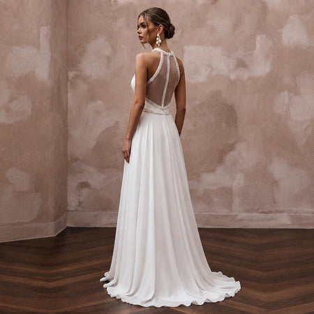 Flowing Pearl White Georgette A - Line Wedding Dress for Destination Reception - Apparel & Accessories > Clothing > Wedding & Bridal Party Dresses > Wedding Dresses - Mignonette Bridal