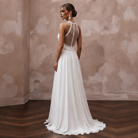 Flowing Pearl White Georgette A-Line Wedding Dress for Destination Reception