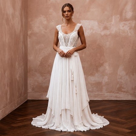 Flowy White Crinkle Georgette Boho Gown for Desert Vow Renewal