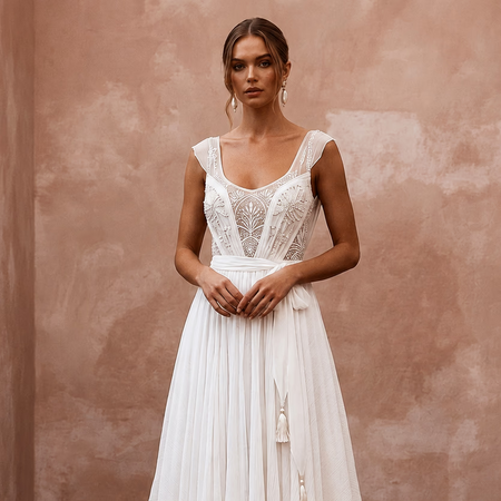 Flowy White Crinkle Georgette Boho Gown for Desert Vow Renewal - Apparel & Accessories > Clothing > Wedding & Bridal Party Dresses > Wedding Dresses - Mignonette Bridal