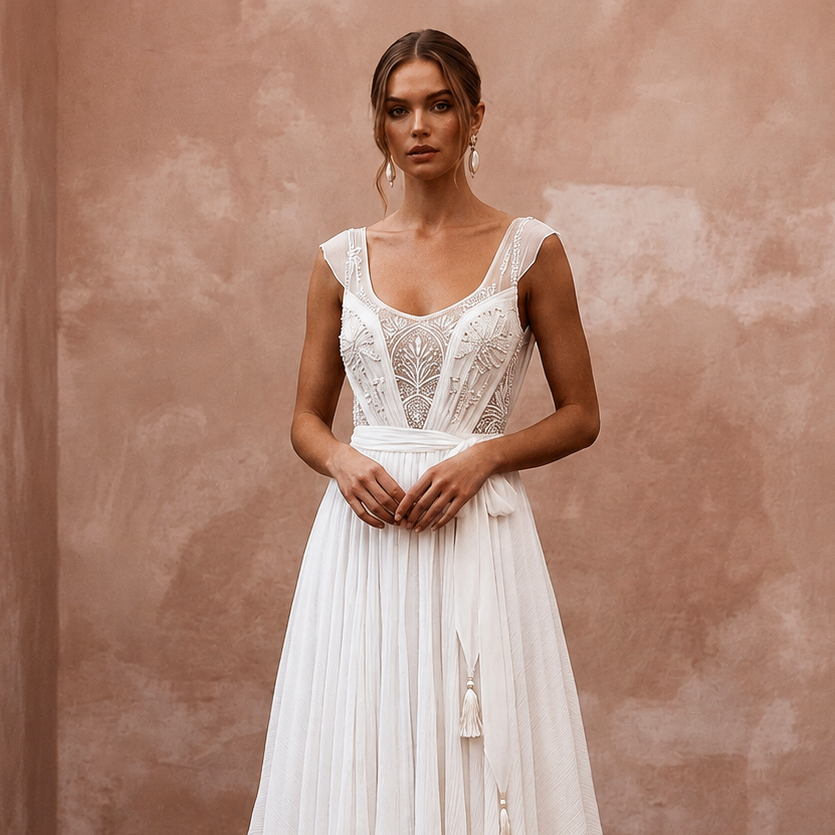 Flowy White Crinkle Georgette Boho Gown for Desert Vow Renewal