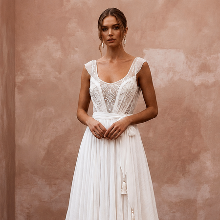 Flowy White Crinkle Georgette Boho Gown for Desert Vow Renewal