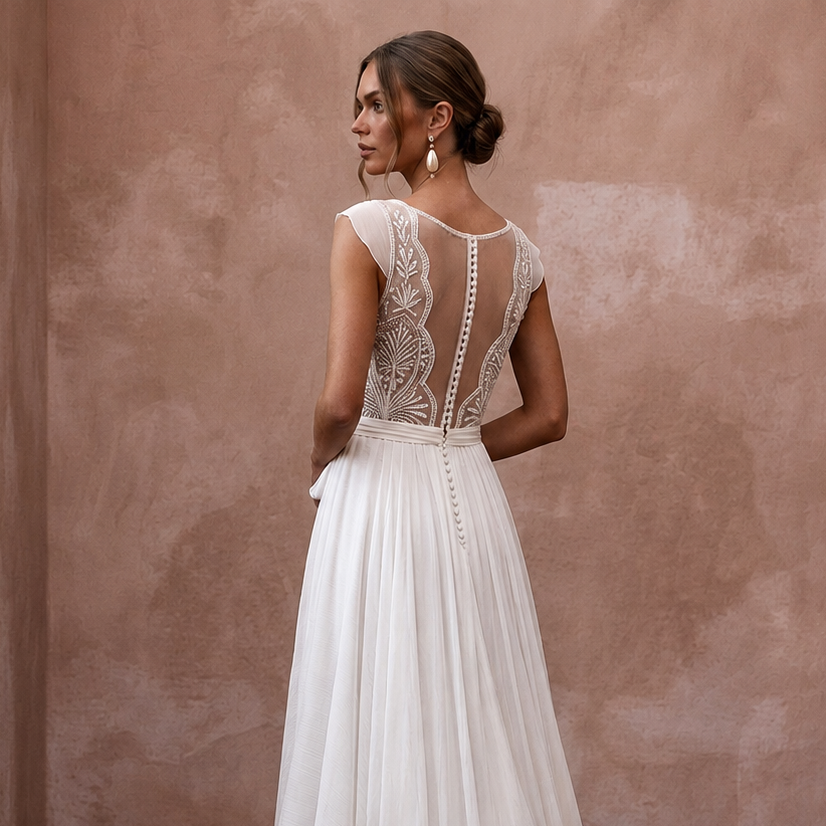 Flowy White Crinkle Georgette Boho Gown for Desert Vow Renewal