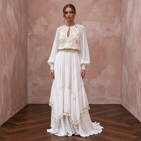 Flowy White Crinkle Georgette Boho Wedding Dress for Desert Vow Renewal