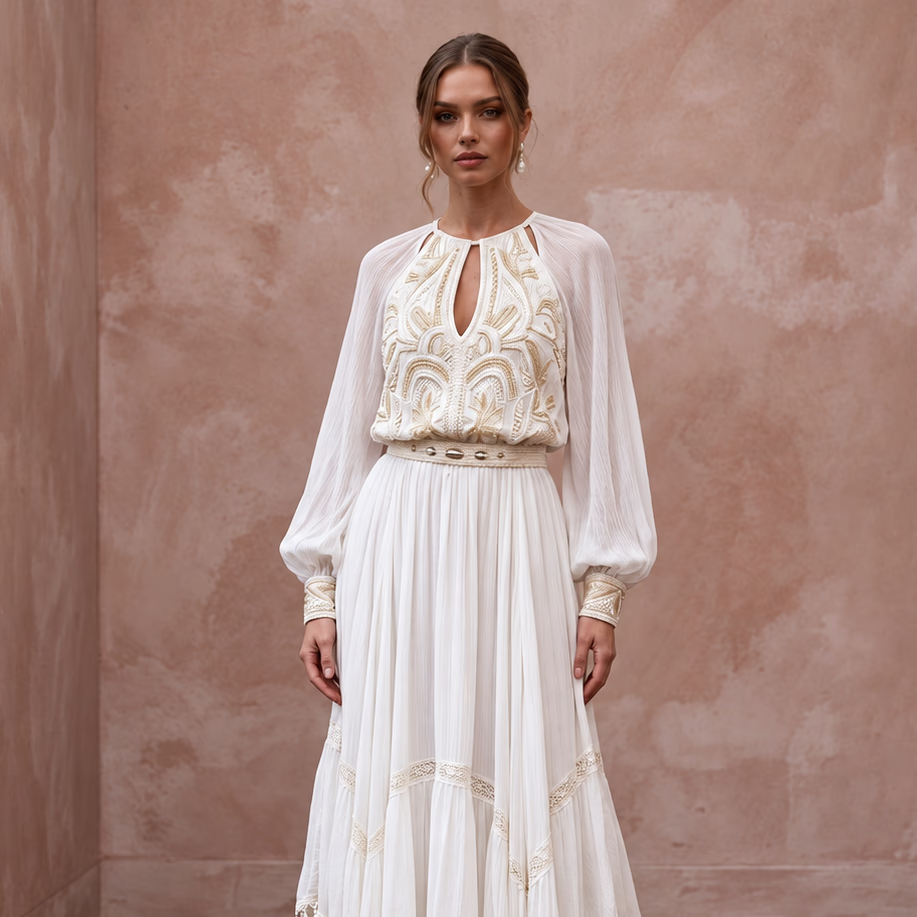 Flowy White Crinkle Georgette Boho Wedding Dress for Desert Vow Renewal