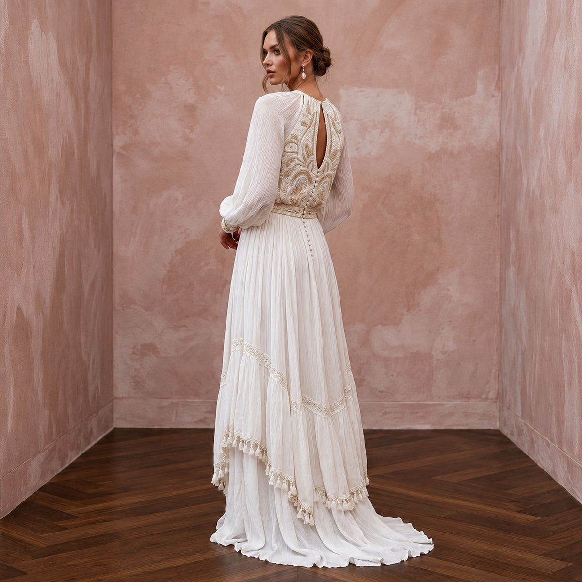Flowy White Crinkle Georgette Boho Wedding Dress for Desert Vow Renewal