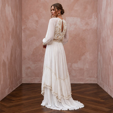 Flowy White Crinkle Georgette Boho Wedding Dress for Desert Vow Renewal