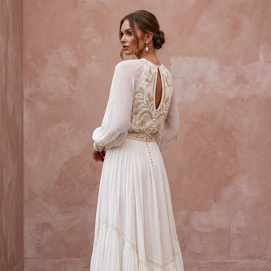 Flowy White Crinkle Georgette Boho Wedding Dress for Desert Vow Renewal