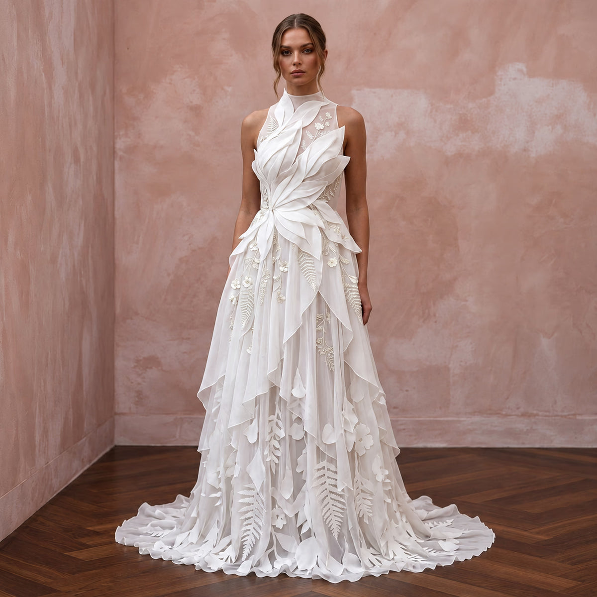 Flowy White Recycled Polyester Chiffon Bridal Gown for Eco Elopement
