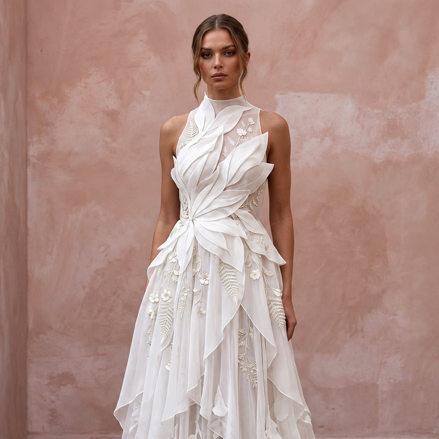 Flowy White Recycled Polyester Chiffon Bridal Gown for Eco Elopement