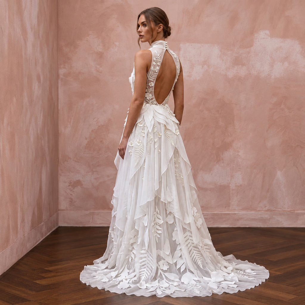 Flowy White Recycled Polyester Chiffon Bridal Gown for Eco Elopement