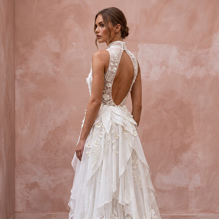 Flowy White Recycled Polyester Chiffon Bridal Gown for Eco Elopement