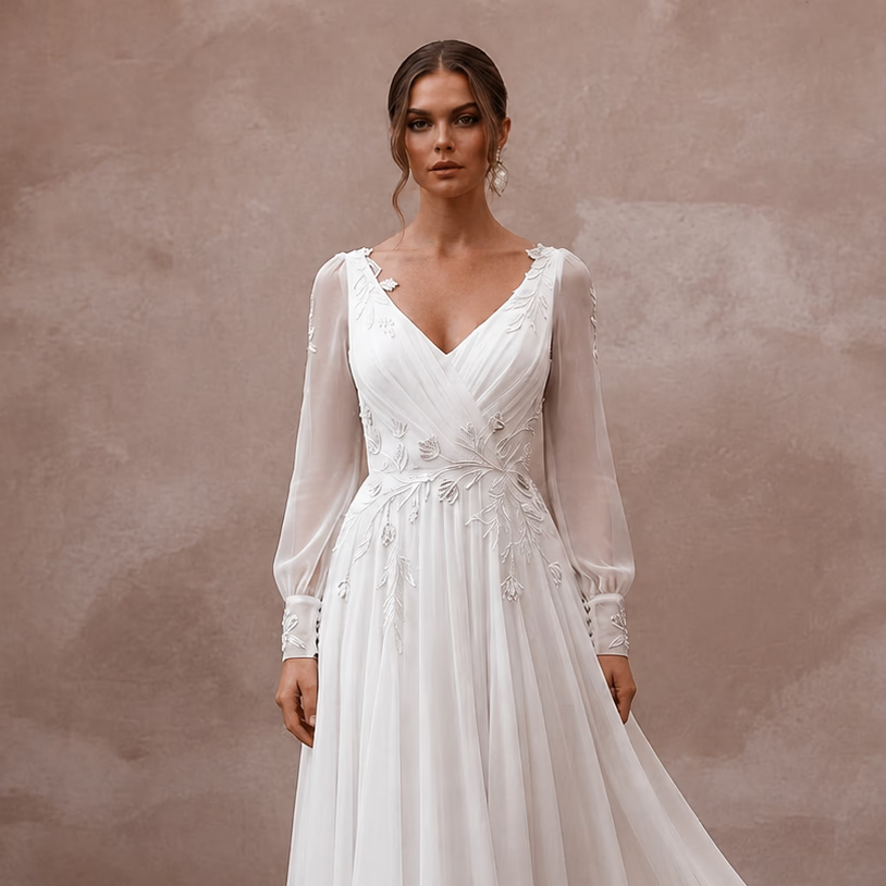 Flowy White Recycled Polyester Chiffon Gown for Eco Elopement - Apparel & Accessories > Clothing > Wedding & Bridal Party Dresses > Wedding Dresses - Mignonette Bridal