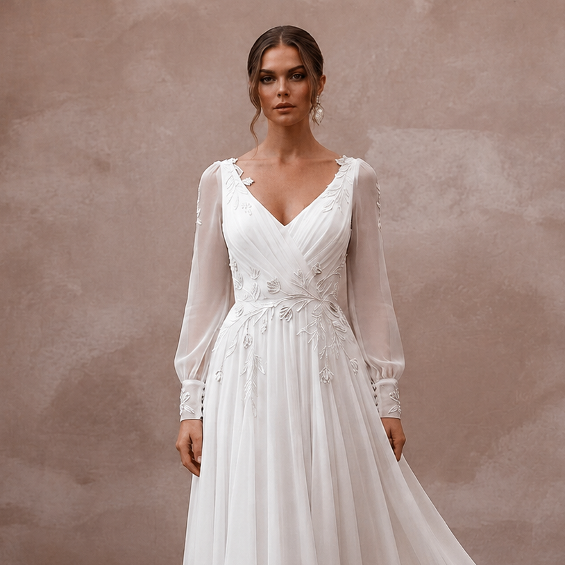 Flowy White Recycled Polyester Chiffon Gown for Eco Elopement