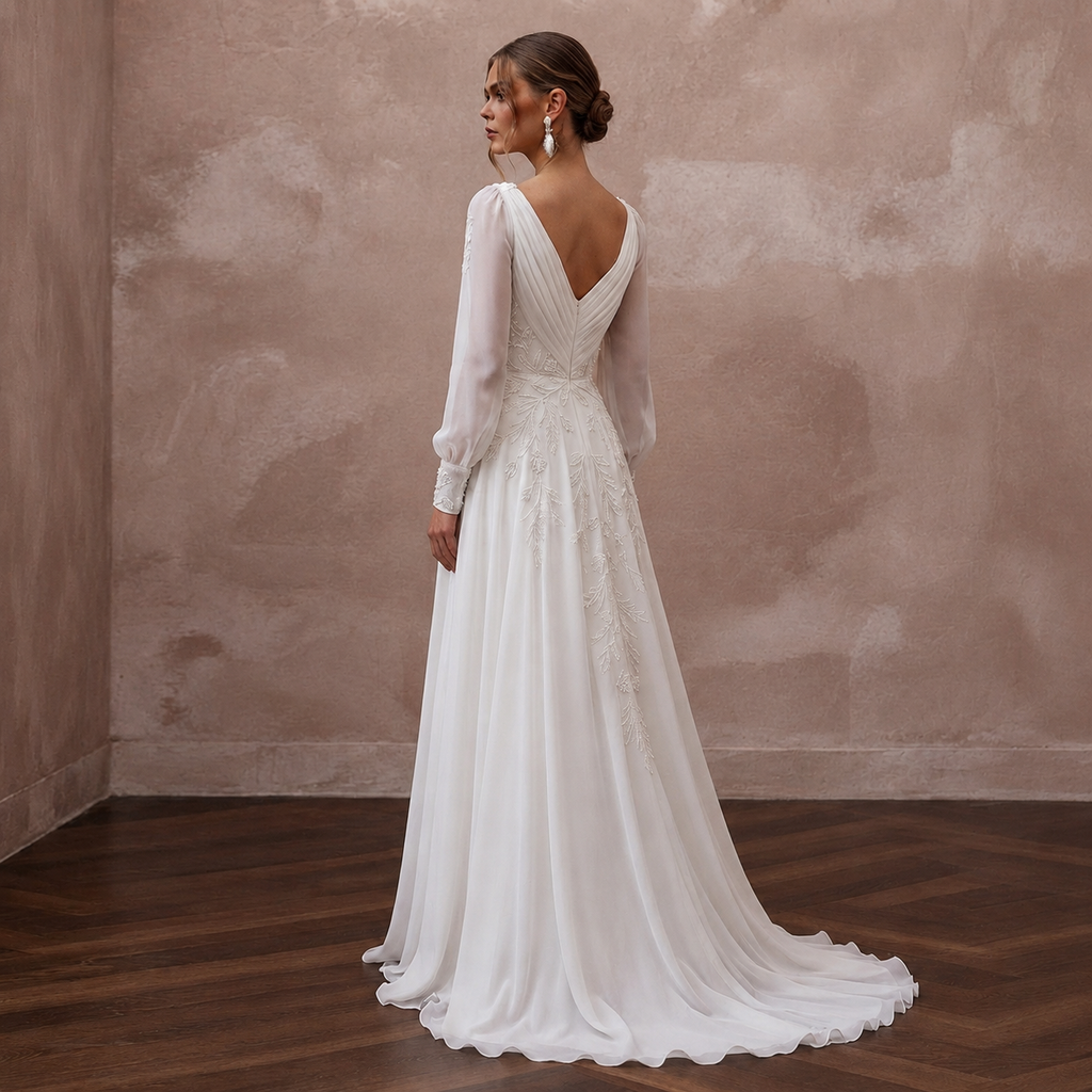 Flowy White Recycled Polyester Chiffon Gown for Eco Elopement