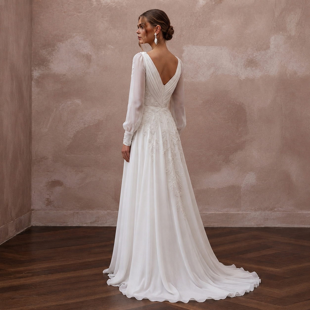 Flowy White Recycled Polyester Chiffon Gown for Eco Elopement