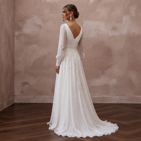 Flowy White Recycled Polyester Chiffon Gown for Eco Elopement