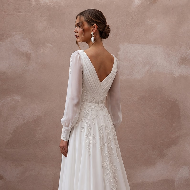 Flowy White Recycled Polyester Chiffon Gown for Eco Elopement - Apparel & Accessories > Clothing > Wedding & Bridal Party Dresses > Wedding Dresses - Mignonette Bridal