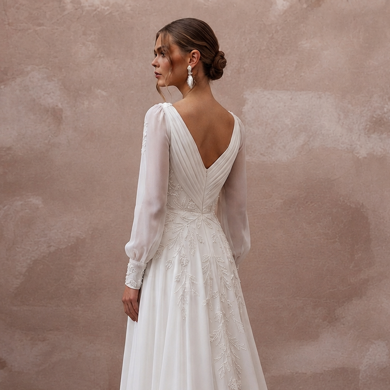 Flowy White Recycled Polyester Chiffon Gown for Eco Elopement