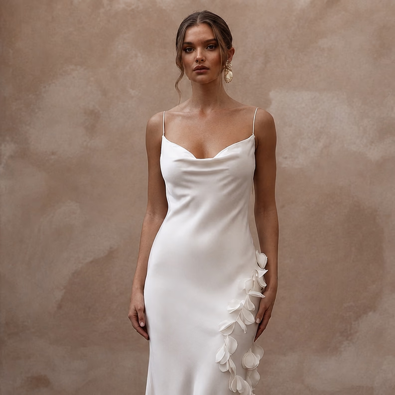 Fluid Off - White Cupro Bias Dress for Post - Elopement Brunch - Apparel & Accessories > Clothing > Wedding & Bridal Party Dresses > Wedding Dresses - Mignonette Bridal