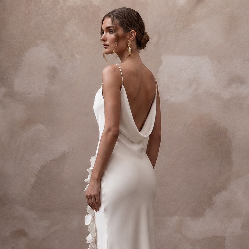 Fluid Off - White Cupro Bias Dress for Post - Elopement Brunch - Apparel & Accessories > Clothing > Wedding & Bridal Party Dresses > Wedding Dresses - Mignonette Bridal