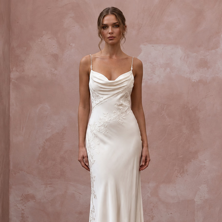 Fluid Off - White Cupro Bias Wedding Dress for Post - Elopement Brunch - Apparel & Accessories > Clothing > Wedding & Bridal Party Dresses > Wedding Dresses - Mignonette Bridal