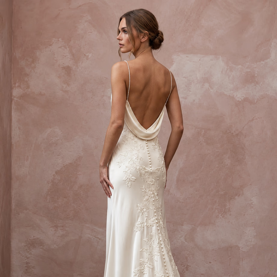 Fluid Off - White Cupro Bias Wedding Dress for Post - Elopement Brunch - Apparel & Accessories > Clothing > Wedding & Bridal Party Dresses > Wedding Dresses - Mignonette Bridal