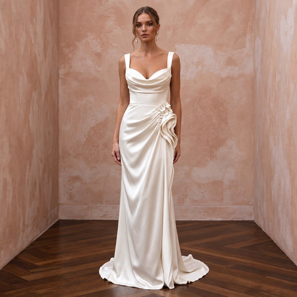 Fluid Off - White Liquid Satin Sheath Bridal Gown for Beach Reception - Apparel & Accessories > Clothing > Wedding & Bridal Party Dresses > Wedding Dresses - Mignonette Bridal Main image