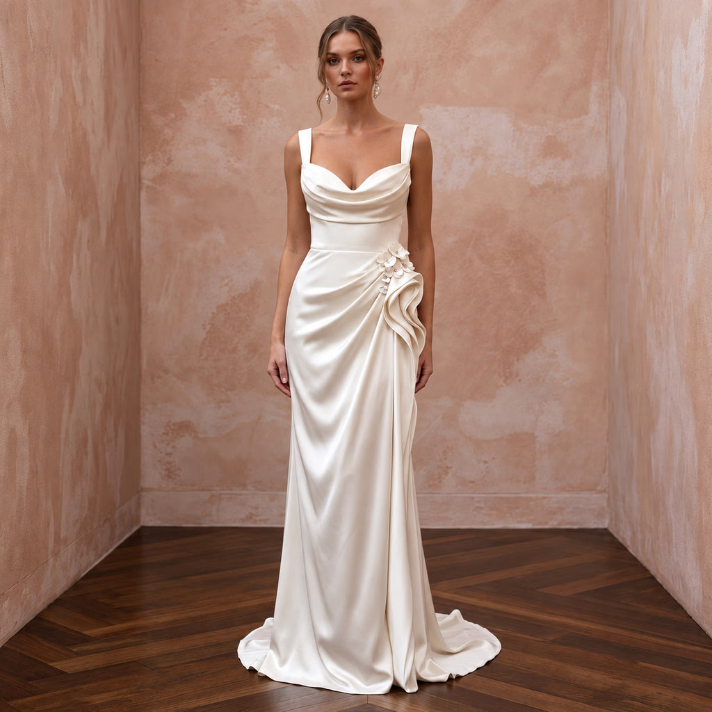 Fluid Off-White Liquid Satin Sheath Bridal Gown for Beach Reception