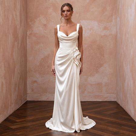 Fluid Off-White Liquid Satin Sheath Bridal Gown for Beach Reception