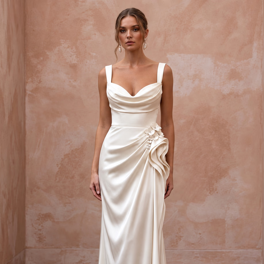 Fluid Off-White Liquid Satin Sheath Bridal Gown for Beach Reception