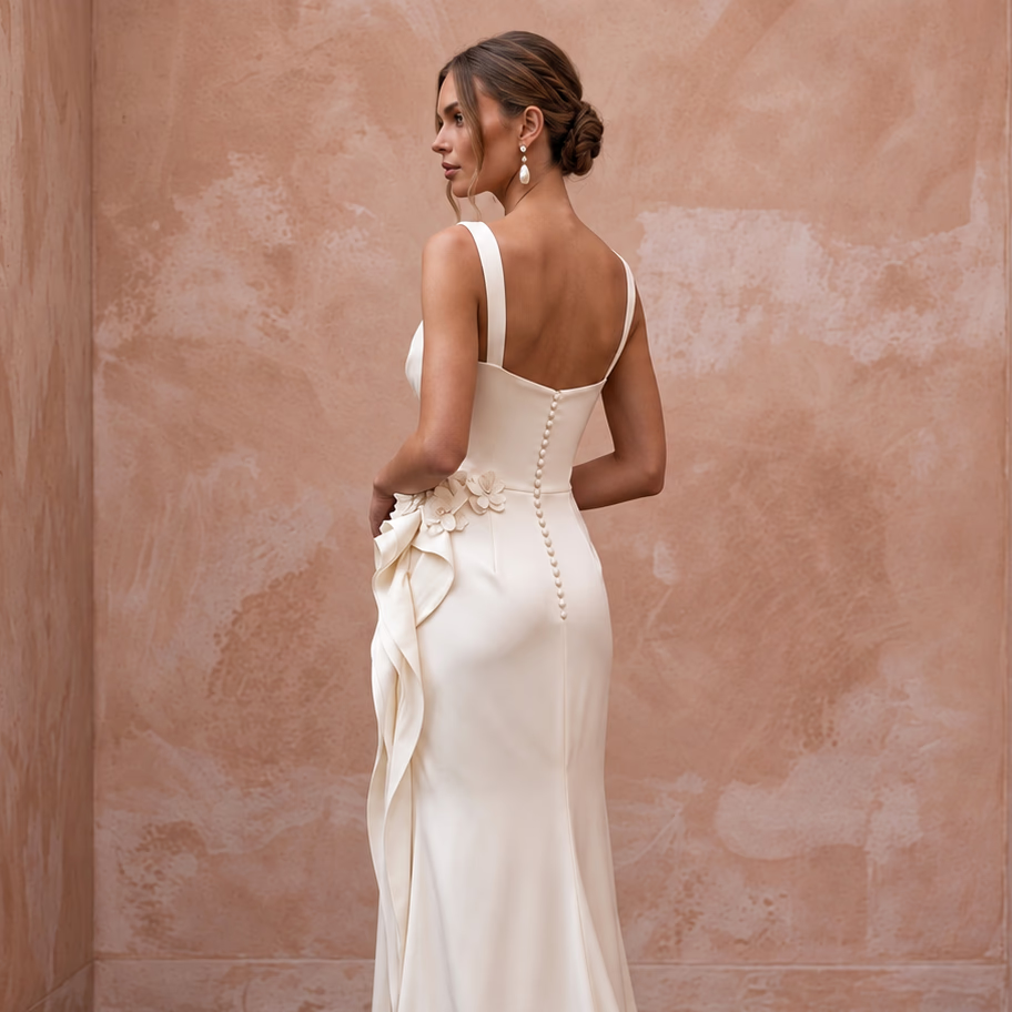 Fluid Off-White Liquid Satin Sheath Bridal Gown for Beach Reception