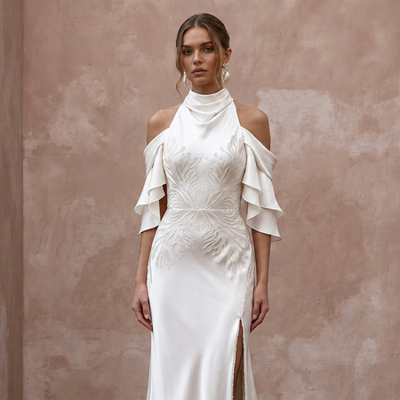 Fluid Off - White Liquid Satin Sheath for Beach Reception - Apparel & Accessories > Clothing > Wedding & Bridal Party Dresses > Wedding Dresses - Mignonette Bridal
